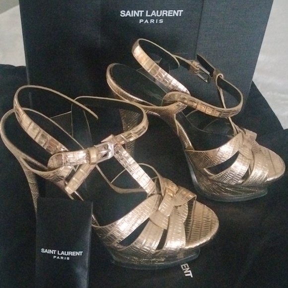 YSL metallic Gold Lizard Embossed Leather Tribute Ankle Strap Platform heels - Picture 6 of 16